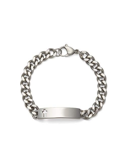 Men's ID Bracelet with Polished Plaque with Cross Silver & Gold Tone w/Engraving Options