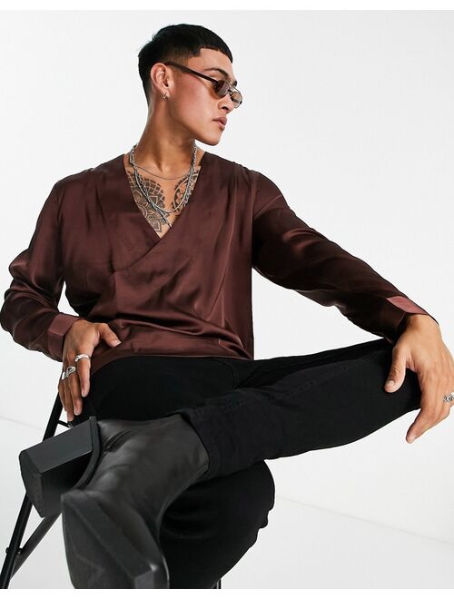 Asos Design regular fit wrap shirt in brown satin