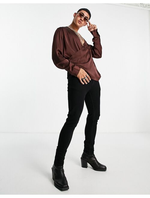 Asos Design regular fit wrap shirt in brown satin