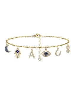 Evil Eye Ankle Bracelets for Women, 14K Gold Plated Horseshoe Blue CZ Moon Infinity Hamsa Hand Evil Eye Symbolic Jewelry Initial Evil Eye Anklets for Women