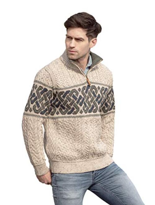 Aran Crafts Men's Irish Cable Knit Half Zip Jacquard Sweater (100% Merino Wool)