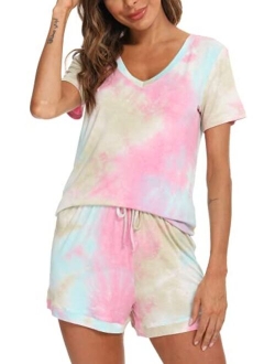 MOLOME Womens Tie Dye Pajamas Short Soft Bamboo Sleeve Nightwear V-Neck Pajama Short Sets Sleepwear Plus Size S-4XL