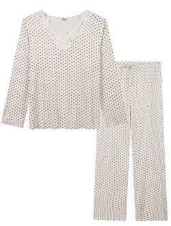 Cherrydew Women's Sleepwear Bamboo Lace Trim Top and Pants Pajama Set Two Piece Loungewear Pjs