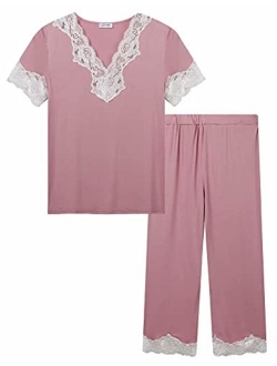 Cherrydew Women's Sleepwear Bamboo Lace Trim Top and Pants Pajama Set Two Piece Loungewear Pjs