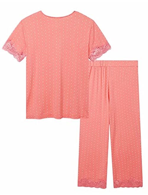 Cherrydew Women's Sleepwear Bamboo Lace Trim Top and Pants Pajama Set Two Piece Loungewear Pjs