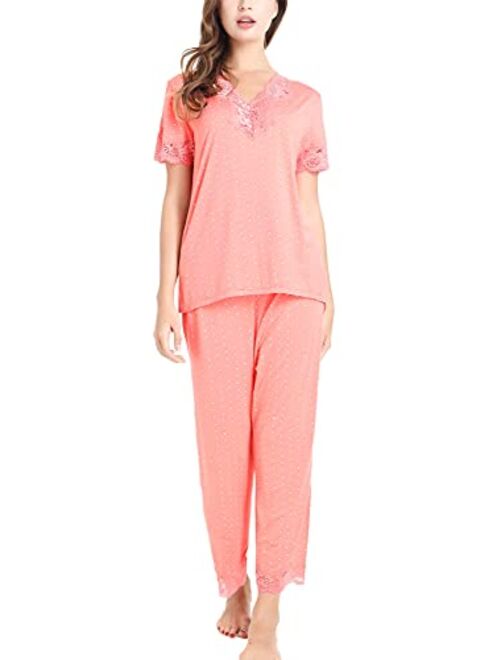 Cherrydew Women's Sleepwear Bamboo Lace Trim Top and Pants Pajama Set Two Piece Loungewear Pjs