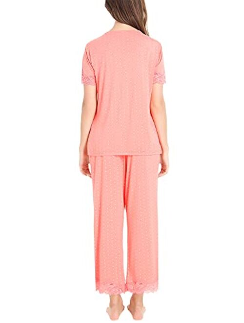 Cherrydew Women's Sleepwear Bamboo Lace Trim Top and Pants Pajama Set Two Piece Loungewear Pjs