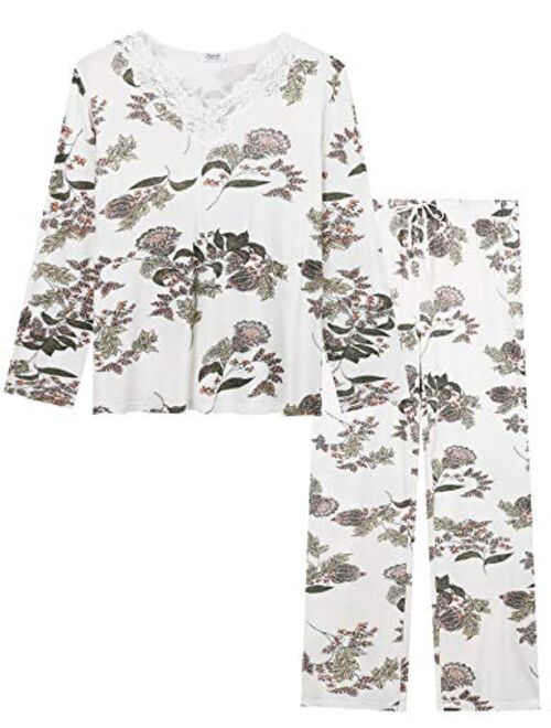 Cherrydew Women's Sleepwear Bamboo Lace Trim Top and Pants Pajama Set Two Piece Loungewear Pjs