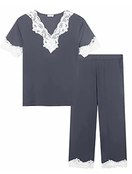 Cherrydew Women's Sleepwear Bamboo Lace Trim Top and Pants Pajama Set Two Piece Loungewear Pjs