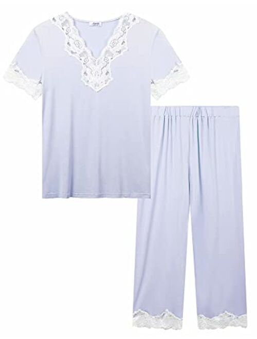 Cherrydew Women's Sleepwear Bamboo Lace Trim Top and Pants Pajama Set Two Piece Loungewear Pjs