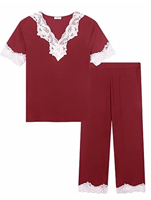 Cherrydew Women's Sleepwear Bamboo Lace Trim Top and Pants Pajama Set Two Piece Loungewear Pjs