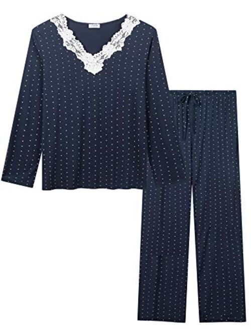 Cherrydew Women's Sleepwear Bamboo Lace Trim Top and Pants Pajama Set Two Piece Loungewear Pjs