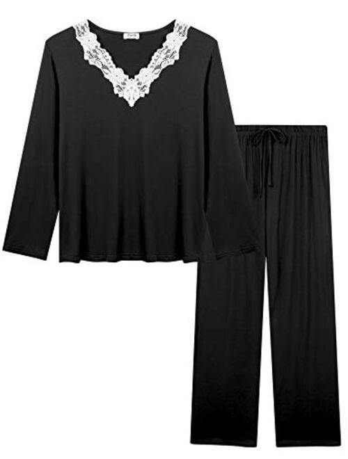 Cherrydew Women's Sleepwear Bamboo Lace Trim Top and Pants Pajama Set Two Piece Loungewear Pjs