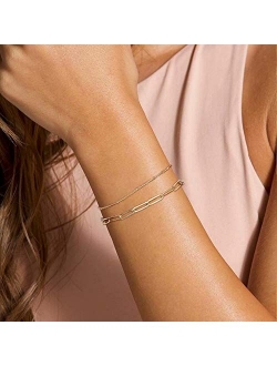 Dainty Gold Bracelets for Women, 14K Gold Plated Adjustable Layered Bracelet Cute Evil Eye Oval Chain Pearl Bar Turtle Gold Bracelets for Women Jewelry