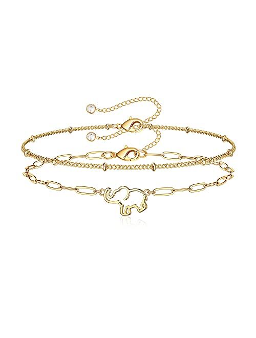 Dainty Gold Bracelets for Women, 14K Gold Plated Adjustable Layered Bracelet Cute Evil Eye Oval Chain Pearl Bar Turtle Gold Bracelets for Women Jewelry