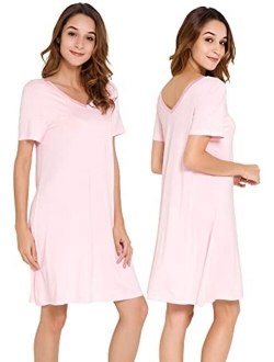 Nightgowns for Women Short Sleeve Sleepwear Soft Bamboo Pajamas V Neck Sleep Shirt Plus Size Loungewear S-4X