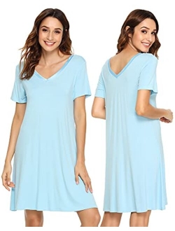 Nightgowns for Women Short Sleeve Sleepwear Soft Bamboo Pajamas V Neck Sleep Shirt Plus Size Loungewear S-4X