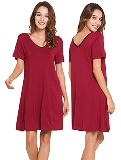 Nightgowns for Women Short Sleeve Sleepwear Soft Bamboo Pajamas V Neck Sleep Shirt Plus Size Loungewear S-4X