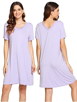 Nightgowns for Women Short Sleeve Sleepwear Soft Bamboo Pajamas V Neck Sleep Shirt Plus Size Loungewear S-4X