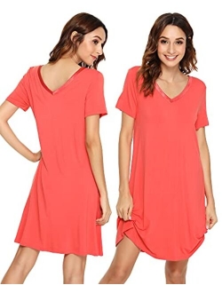 Nightgowns for Women Short Sleeve Sleepwear Soft Bamboo Pajamas V Neck Sleep Shirt Plus Size Loungewear S-4X