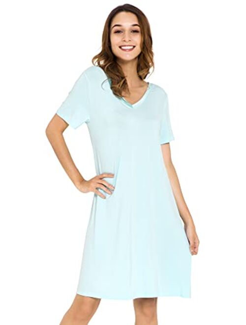 WiWi Nightgowns for Women Short Sleeve Sleepwear Soft Bamboo Pajamas V Neck Sleep Shirt Plus Size Loungewear S-4X