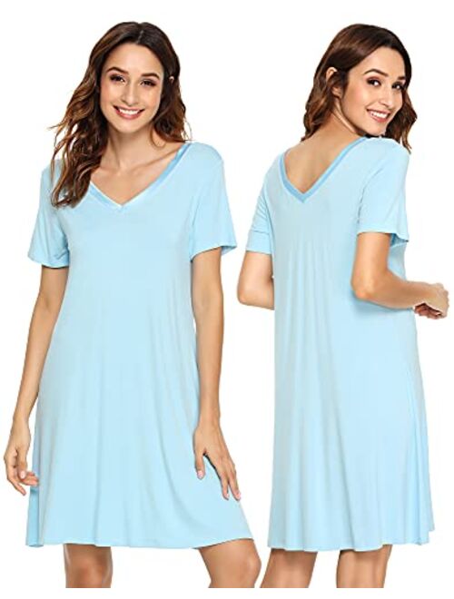 WiWi Nightgowns for Women Short Sleeve Sleepwear Soft Bamboo Pajamas V Neck Sleep Shirt Plus Size Loungewear S-4X