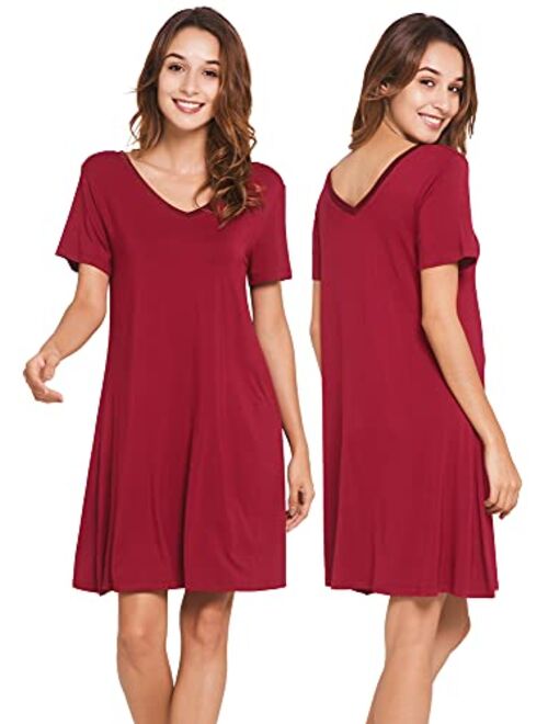 WiWi Nightgowns for Women Short Sleeve Sleepwear Soft Bamboo Pajamas V Neck Sleep Shirt Plus Size Loungewear S-4X