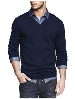 Men Casual V Neck Sweater Ribbed Knit Slim Fit Long Sleeve Pullover Top