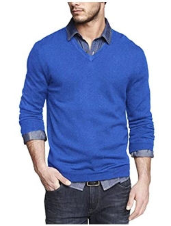 Men Casual V Neck Sweater Ribbed Knit Slim Fit Long Sleeve Pullover Top