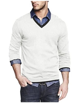 Men Casual V Neck Sweater Ribbed Knit Slim Fit Long Sleeve Pullover Top