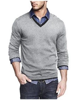 Men Casual V Neck Sweater Ribbed Knit Slim Fit Long Sleeve Pullover Top