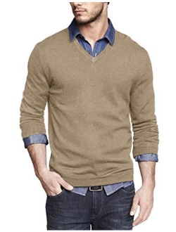 Men Casual V Neck Sweater Ribbed Knit Slim Fit Long Sleeve Pullover Top
