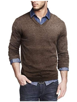 Men Casual V Neck Sweater Ribbed Knit Slim Fit Long Sleeve Pullover Top