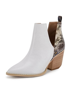 Huiyuzhi Women's Ankle Boots Slip on Cutout Pointed Toe Snakeskin Chunky Stacked Mid Heel Bootie