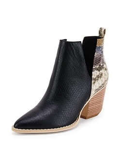 Huiyuzhi Women's Ankle Boots Slip on Cutout Pointed Toe Snakeskin Chunky Stacked Mid Heel Bootie