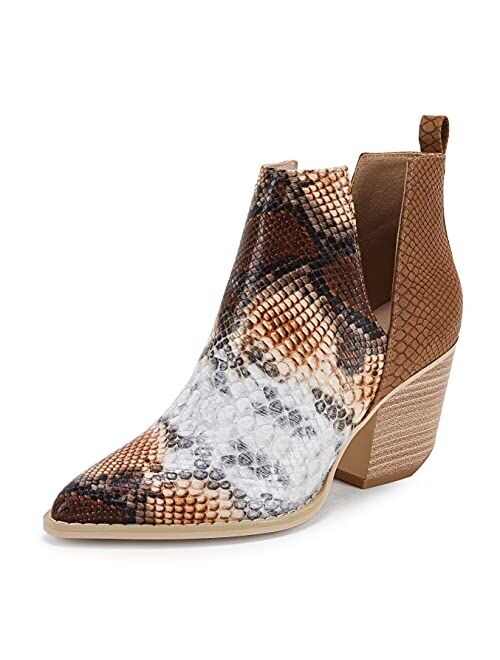 Huiyuzhi Women's Ankle Boots Slip on Cutout Pointed Toe Snakeskin Chunky Stacked Mid Heel Bootie