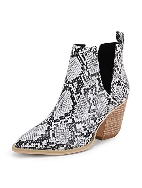 Huiyuzhi Women's Ankle Boots Slip on Cutout Pointed Toe Snakeskin Chunky Stacked Mid Heel Bootie