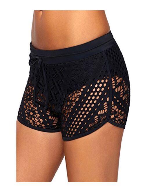 Urchics Womens Lace Hollow Out Swimsuit Tankini Bottom Swim Board Shorts(S-XXXL)