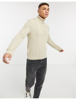 cableknit rollneck sweater in oatmeal