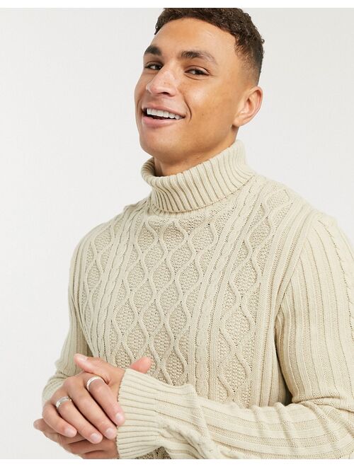 Asos Design cableknit rollneck sweater in oatmeal