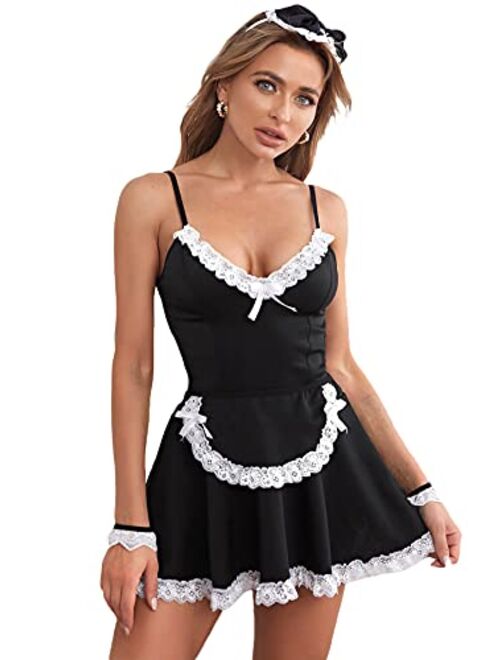 ROMWE Women's 5 Pack Maid Costume Cosplay Lingerie Set Sexy Mesh Thong French Lingerie Set
