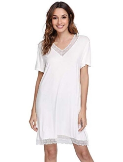 GYS Bamboo Nightgowns for Women Short Sleeve Sleep Shirts Soft Sleepwear Nightshirt Lace Trim Loungewear