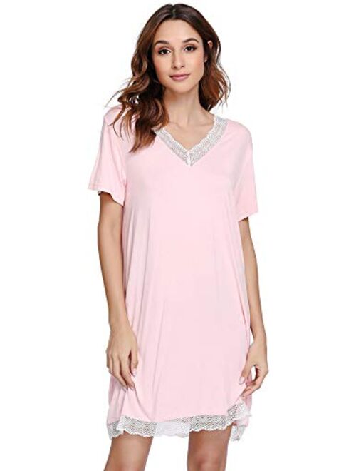 GYS Bamboo Nightgowns for Women Short Sleeve Sleep Shirts Soft Sleepwear Nightshirt Lace Trim Loungewear