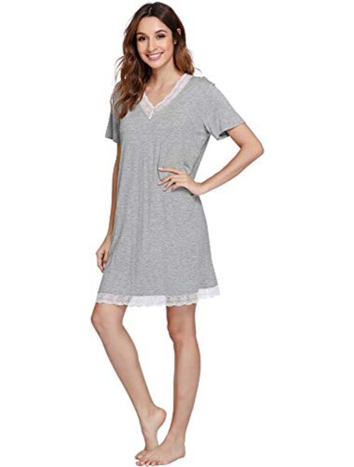 GYS Bamboo Nightgowns for Women Short Sleeve Sleep Shirts Soft Sleepwear Nightshirt Lace Trim Loungewear