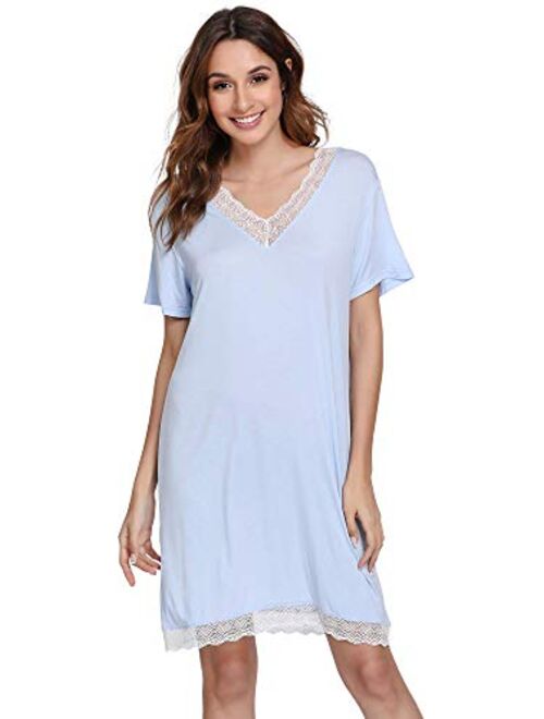 GYS Bamboo Nightgowns for Women Short Sleeve Sleep Shirts Soft Sleepwear Nightshirt Lace Trim Loungewear