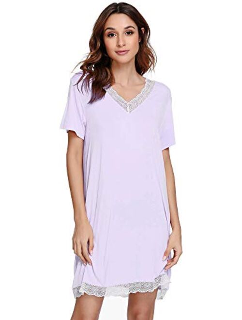 GYS Bamboo Nightgowns for Women Short Sleeve Sleep Shirts Soft Sleepwear Nightshirt Lace Trim Loungewear