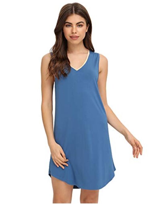 LazyCozy Women's V Neck Sleeveless Tank Sleep Shirt Soft Bamboo Nightgown