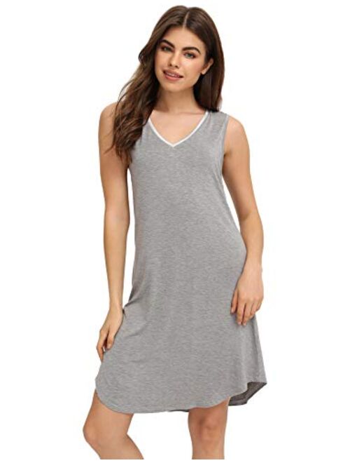 LazyCozy Women's V Neck Sleeveless Tank Sleep Shirt Soft Bamboo Nightgown