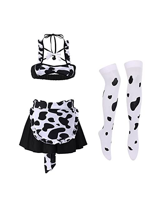 IDOPIP Women Sexy Milk Cow Maid Lingerie Set Anime Lolita Cosplay Mini Bikini Bra Underwear Nightwear Fancy Dress up Costume