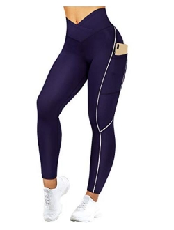 Women Reflective High Waisted Running Leggings with Pockets Yoga Pants